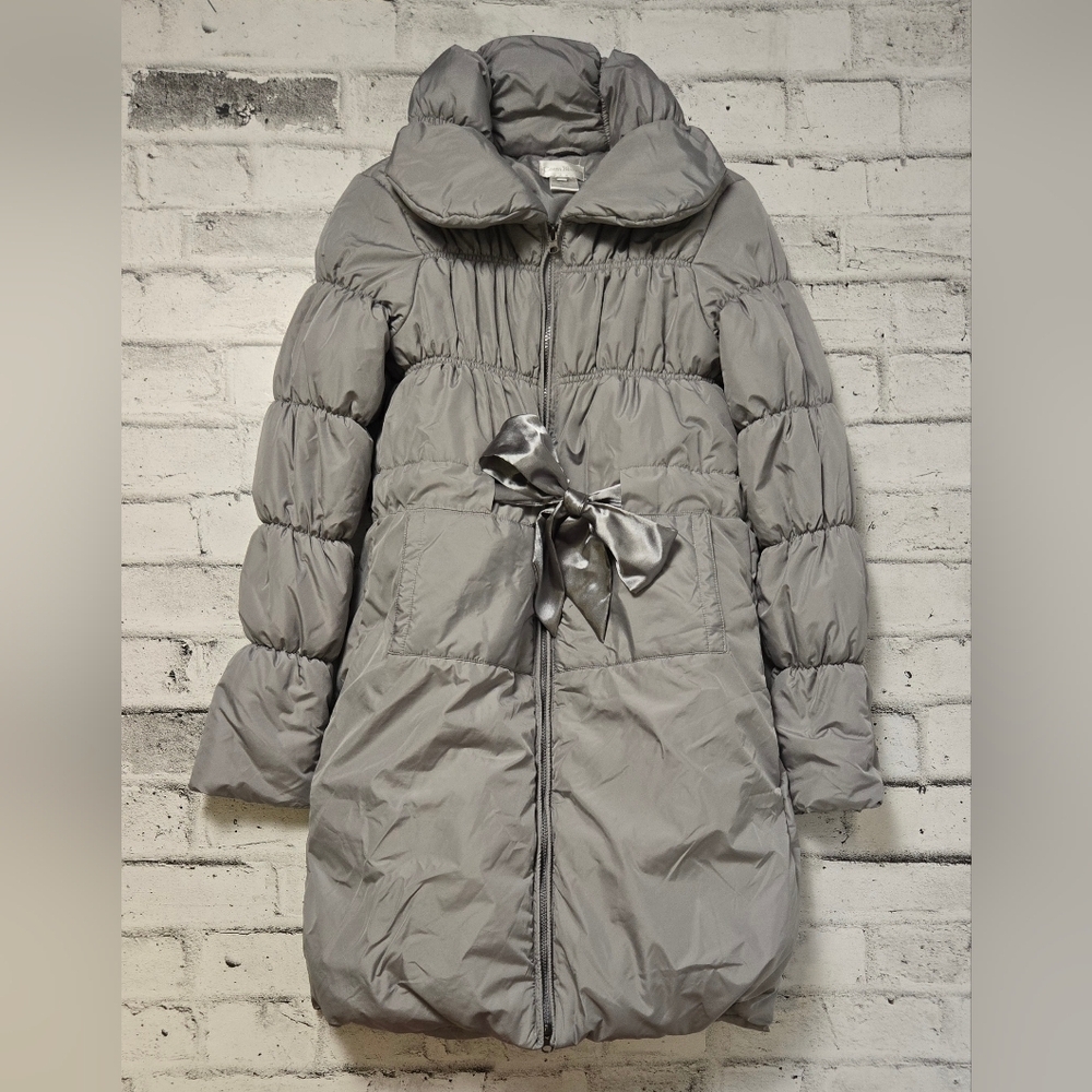 Costa Blanca Grey Puffer Coat Women’s 8 Satin Bow Belt Winter Jacket